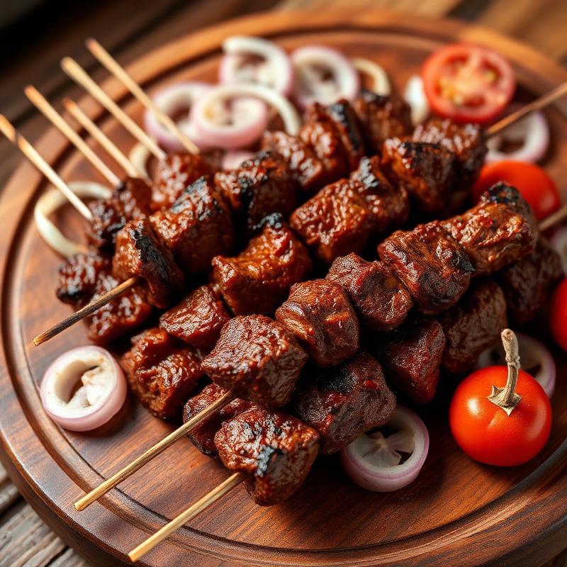 Beef suya skewers on a board