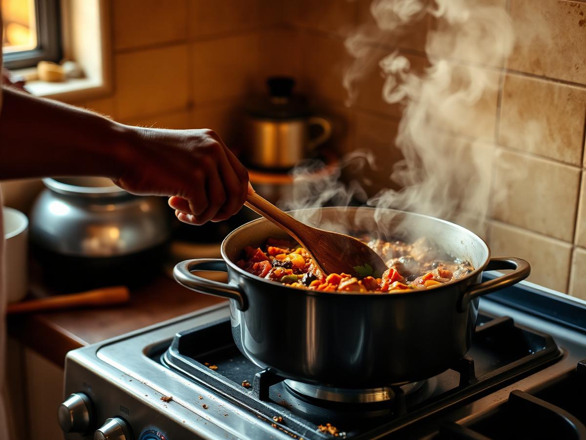 Stirring stew in the MegChOw kitchen